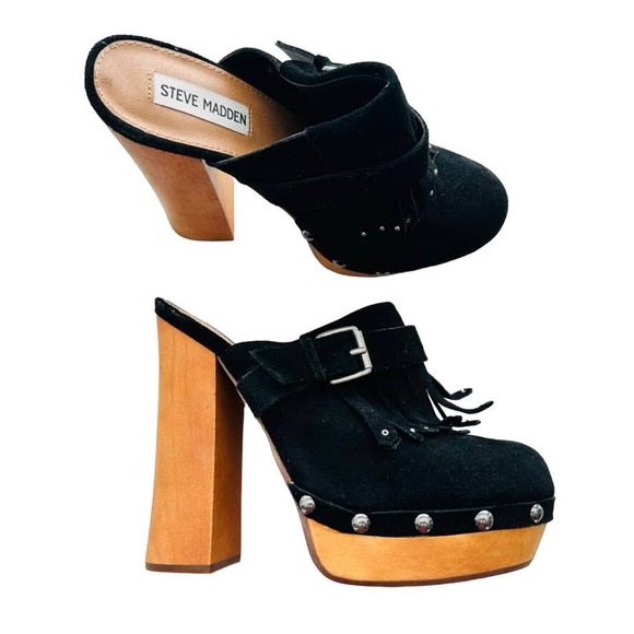 Steve Madden Shoes - Steve Madden Helgga Studded Fringe Clog Heel 8 Black Block Wood Suede